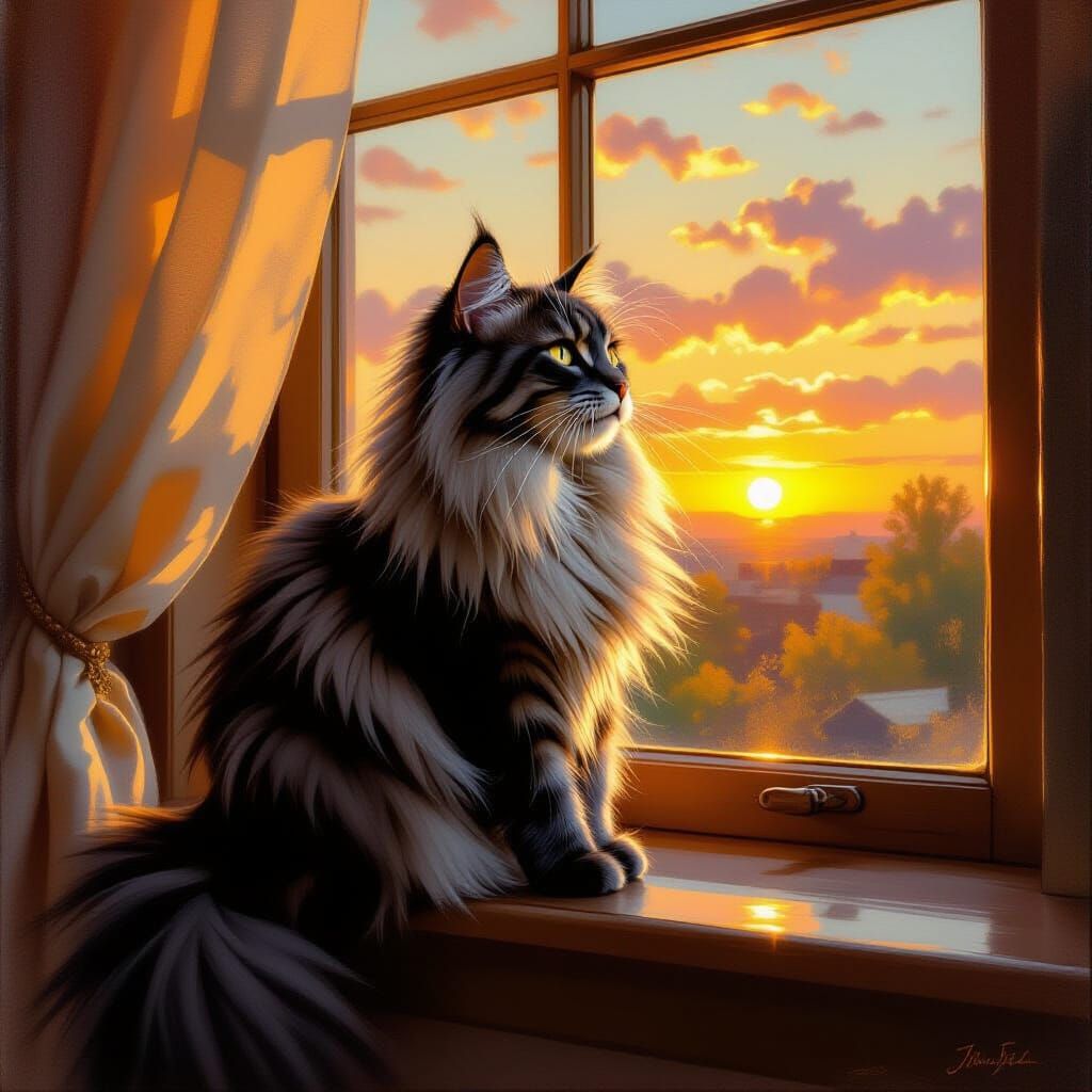 Grey Cat in Sunset Glow, Oil Painting Style
