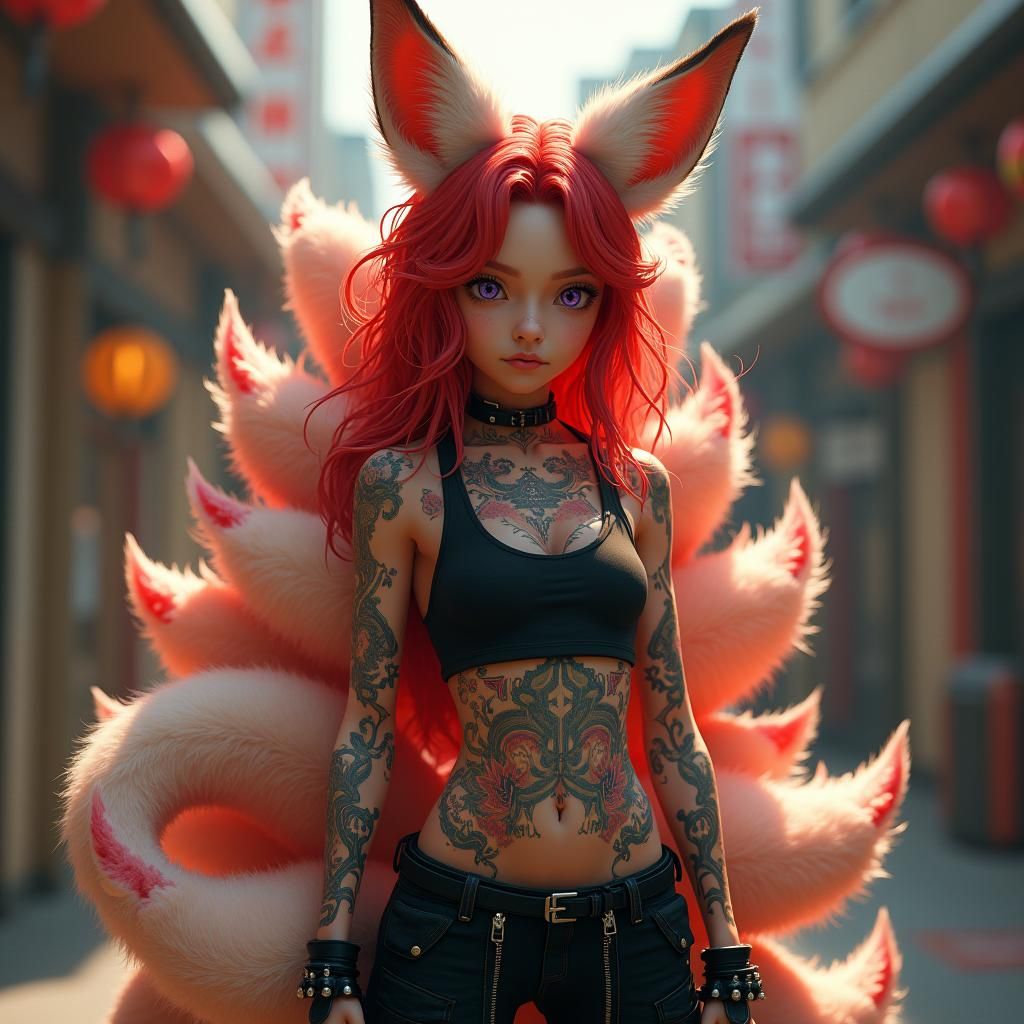 Kitsune-Human Hybrid Girl in Cyberpunk Style