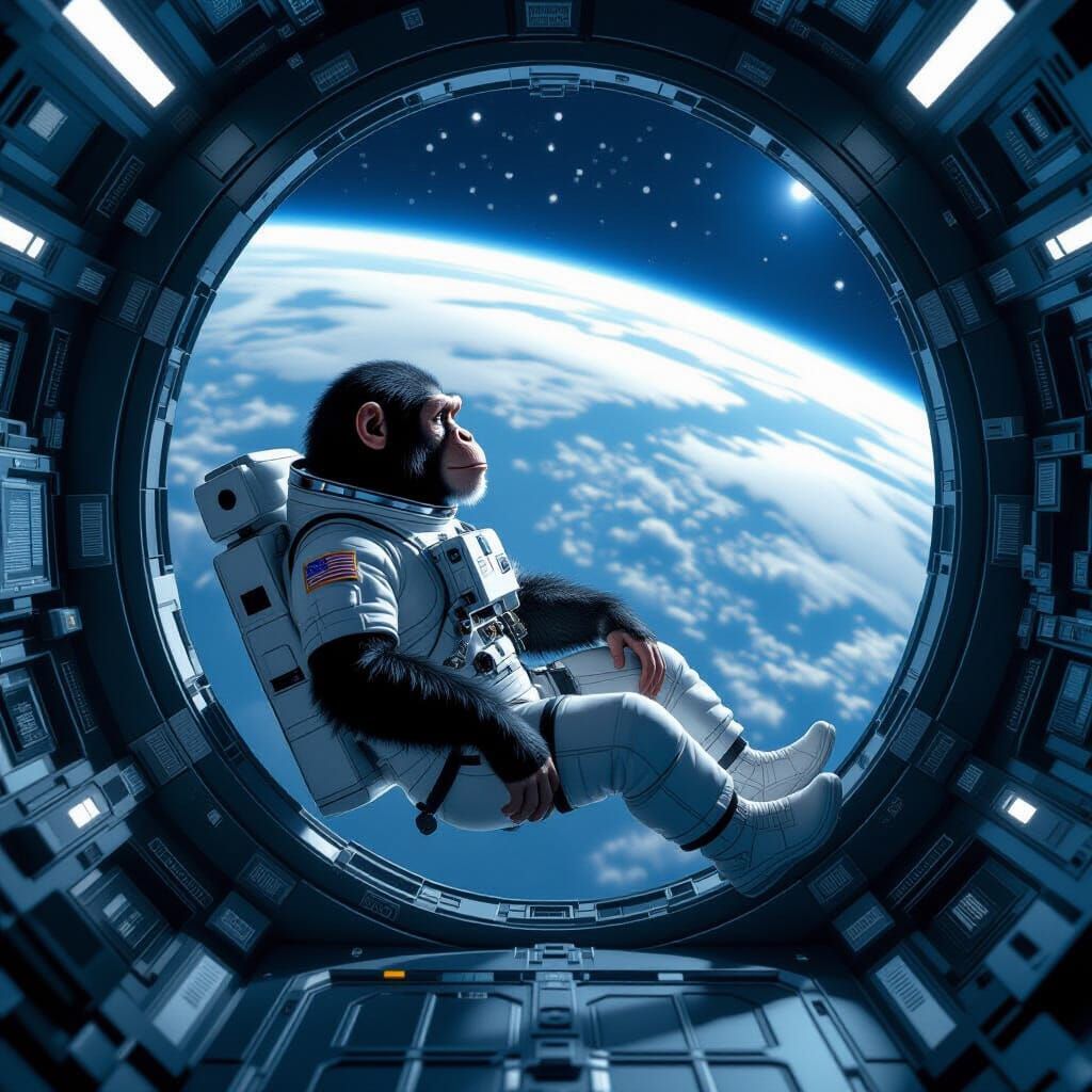 Chimpanzee Astronaut in Space Station: Hyperrealistic Render...