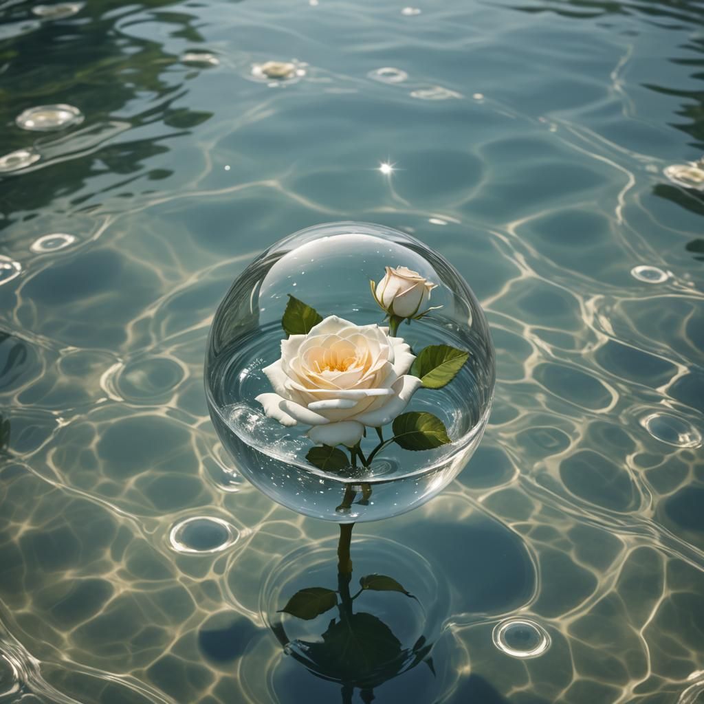 White Rose in Glass Orb on Sparkling Water
