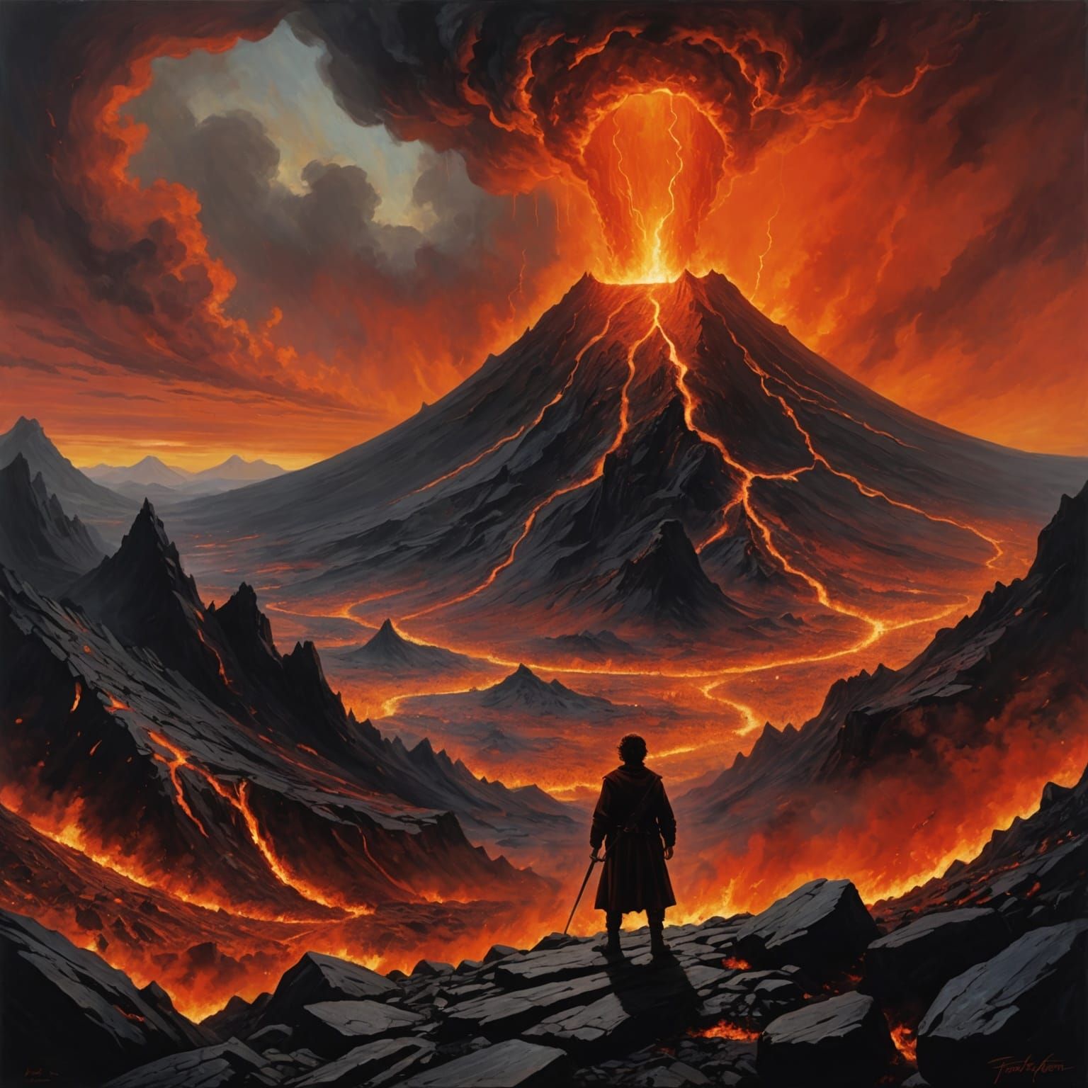 Fiery Mount Doom Silhouette in Oil Painting Style
