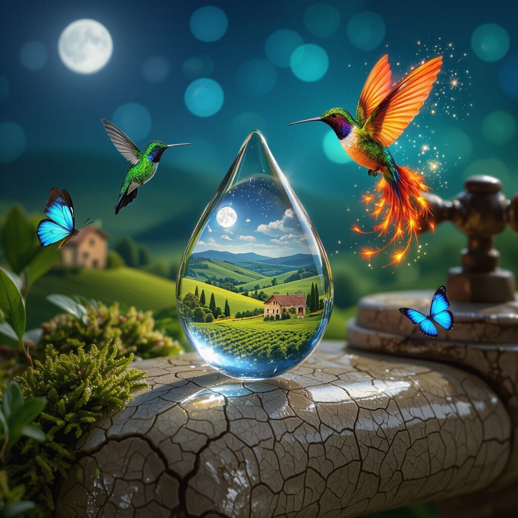 Tuscan Valley in Water Droplet Macro Shot