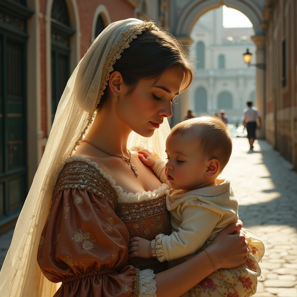 Venetian Mother Cradling Her Baby in a 16th-Century Renaissa...