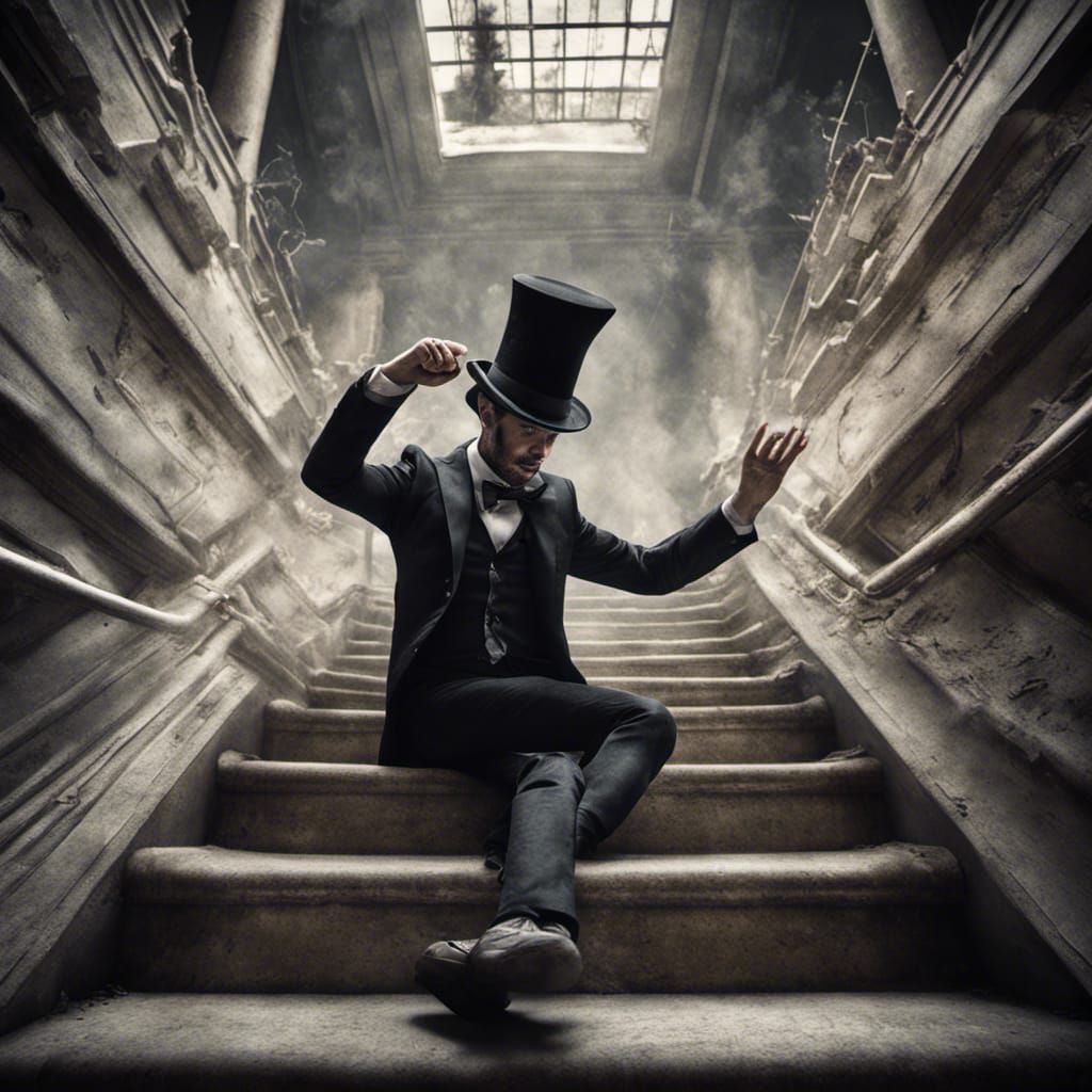 Hyperrealistic Man in Top Hat Falling Down Stairs