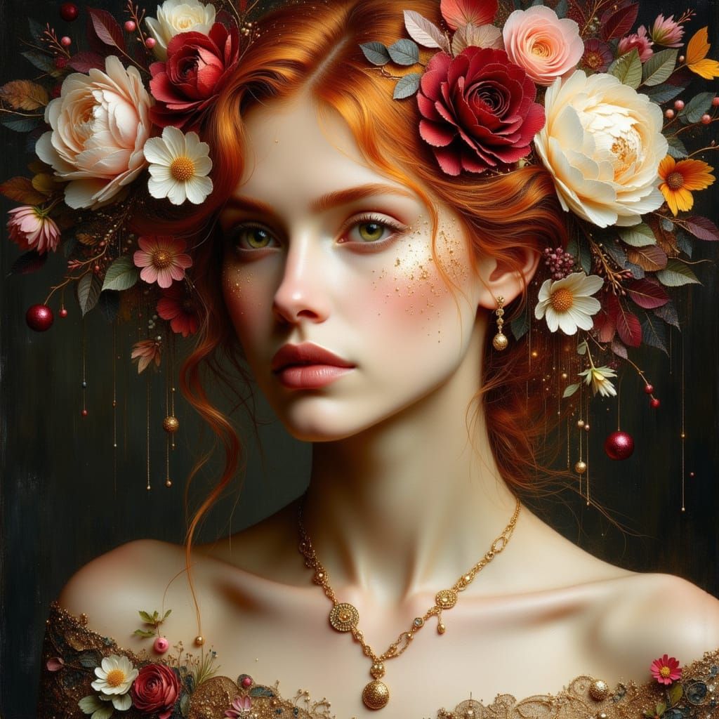 Ethereal Woman with Floral Hair as Oil Painting