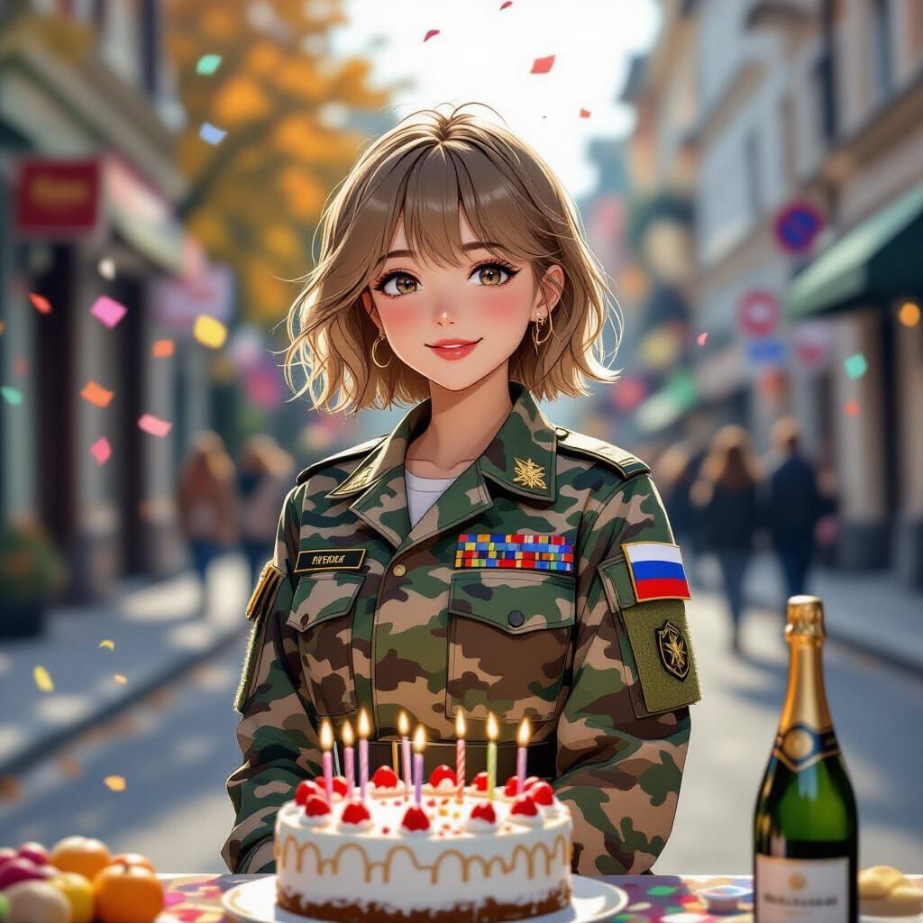 Cute Girl in Camouflage on Autumn Street with Confetti