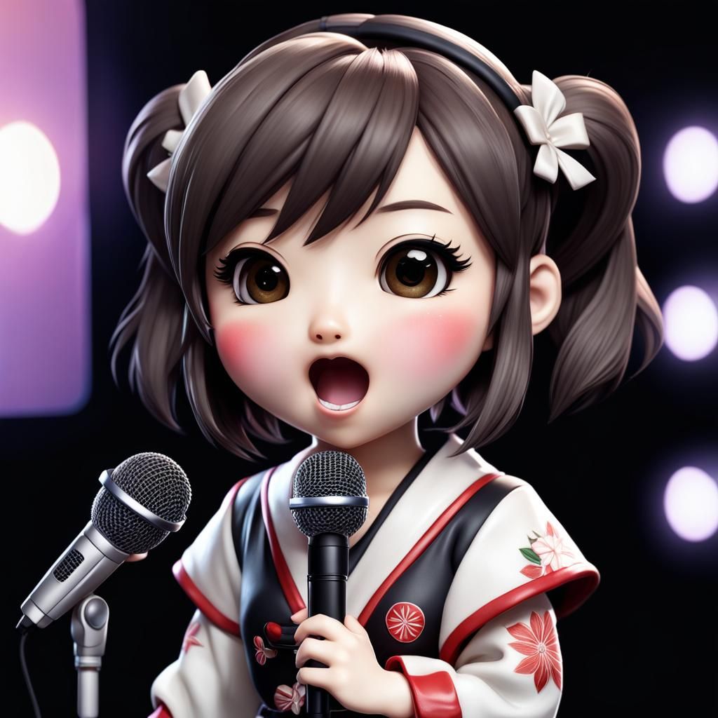 Hyper realistic Chibi Japanese  girl singing Karaoke