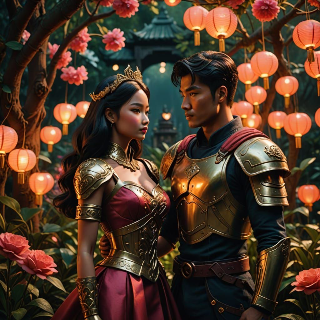 Epic Fantasy Garden Date in Intricate Armor and Golden Glow