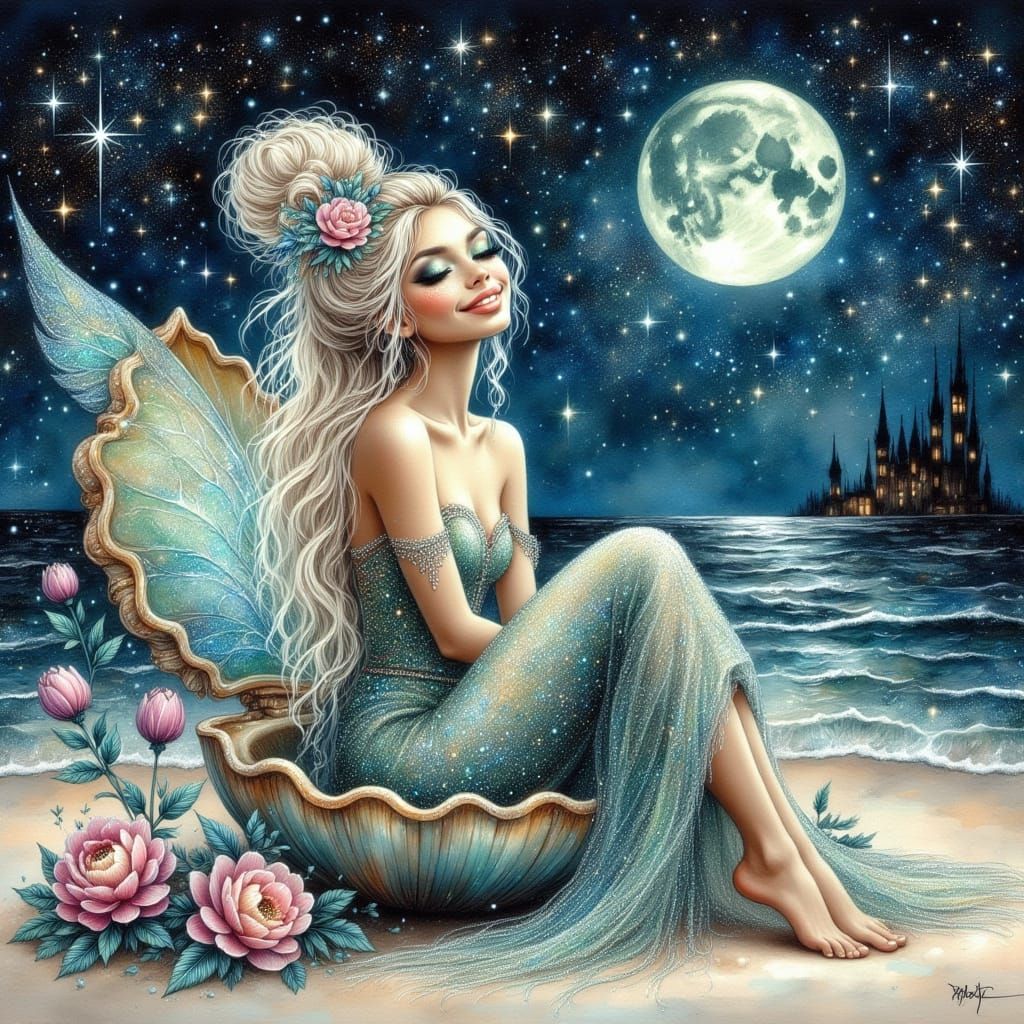 Surreal Mermaid Oil Painting with Glitter and Soft Textures