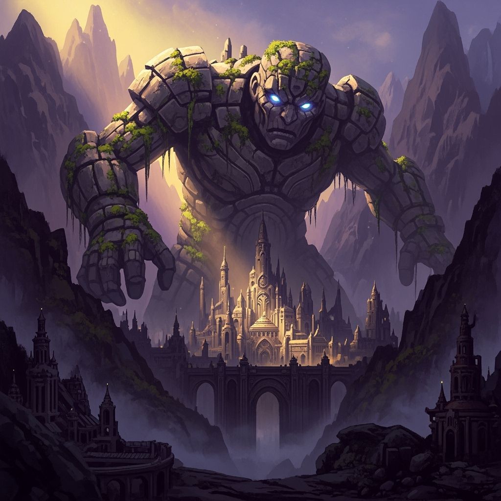 Stone Golem Guards Hidden City in Fantasy Art