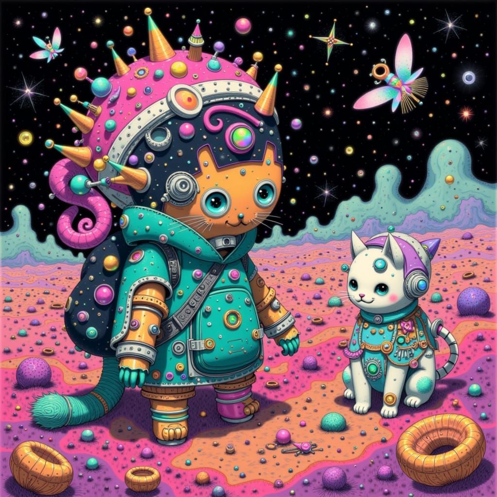 Celestialpunk Robot and Kitty in Cosmic Summer