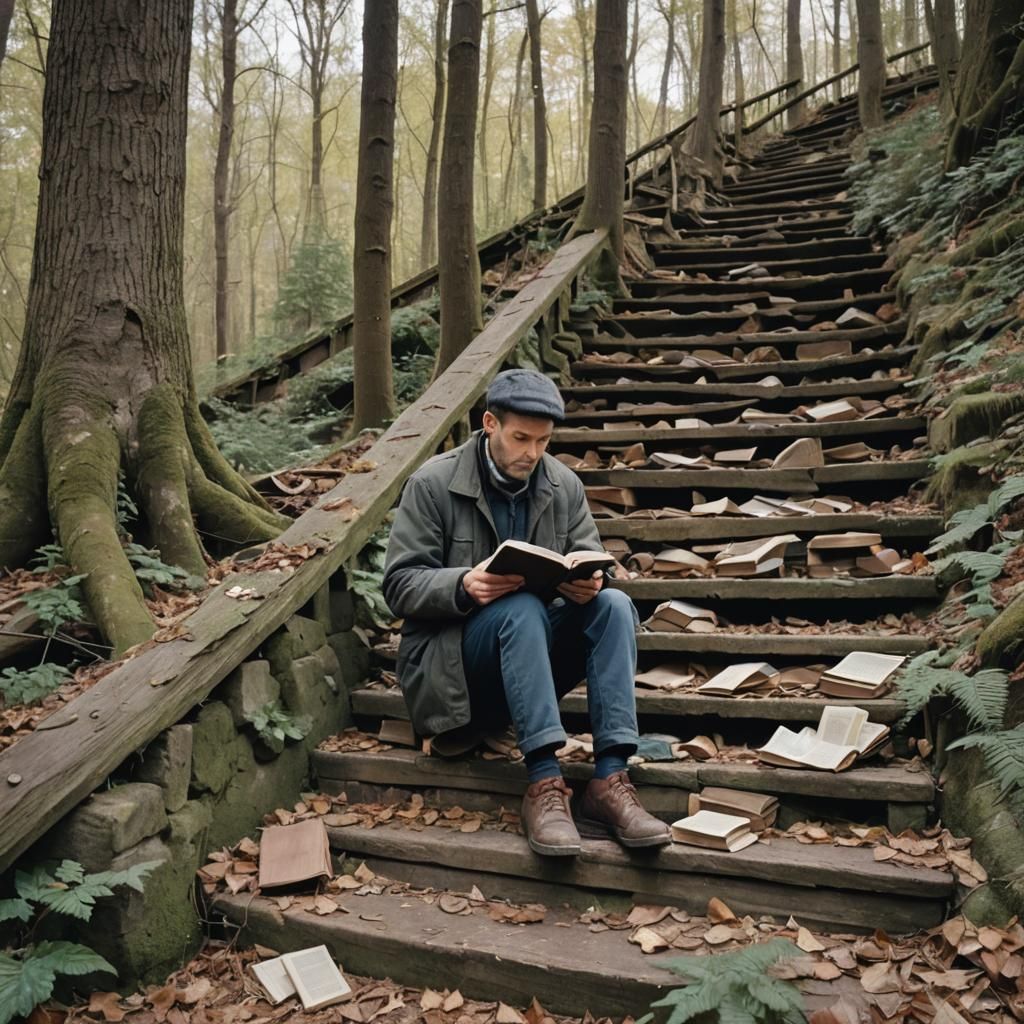 Man Reading on Antique Staircase in Forest