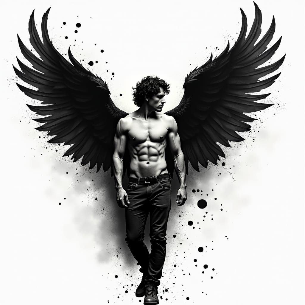 Dramatic Ink Drawing of a Male Angel