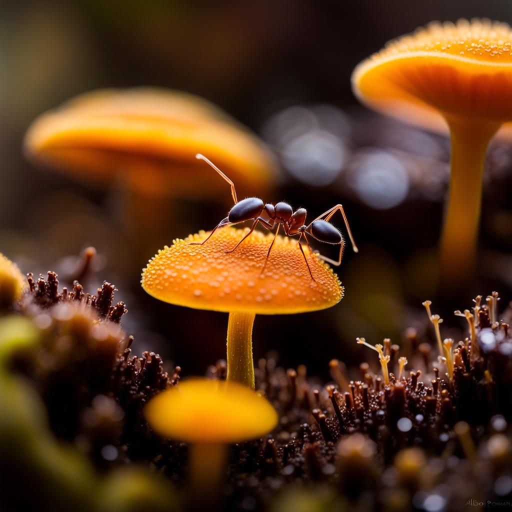 Macro Photo of Ant on Tiny Mushroom Landscape