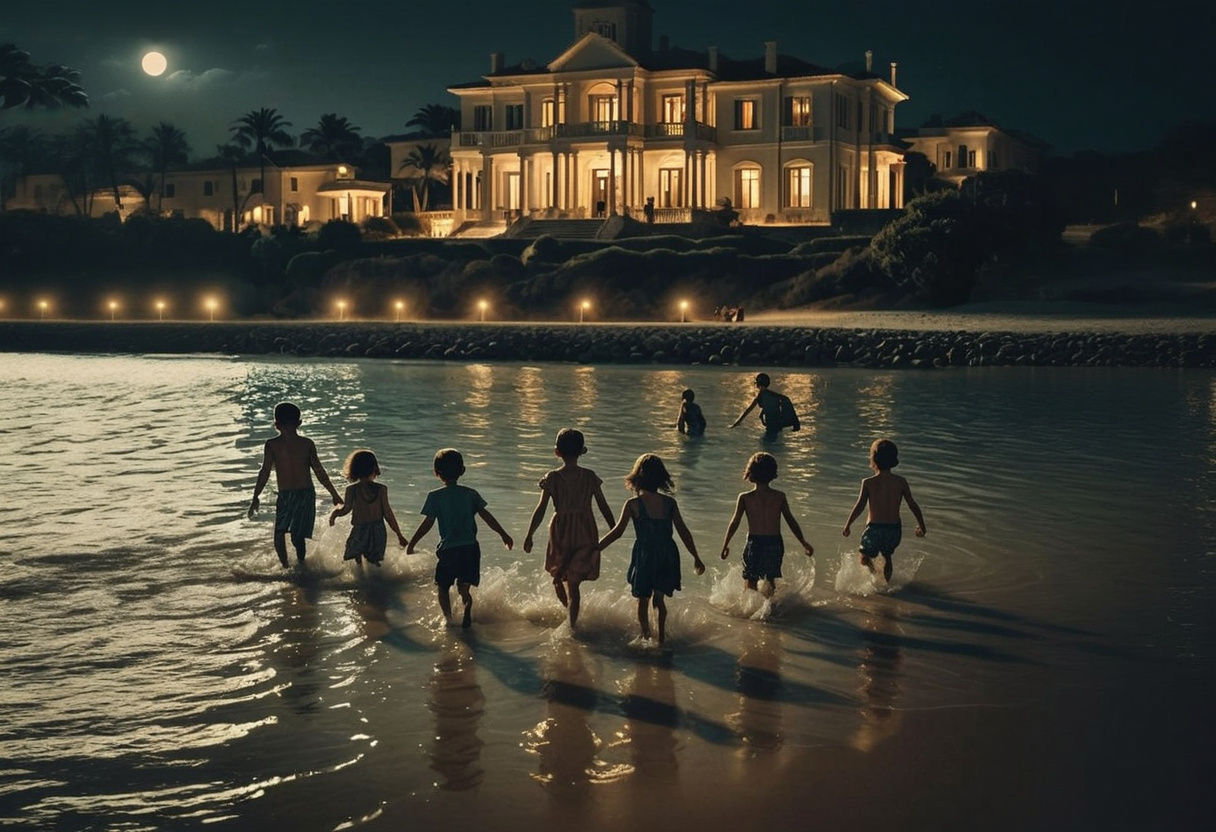 Children Approach Beach Mansion at Midnight: Cinematic Still