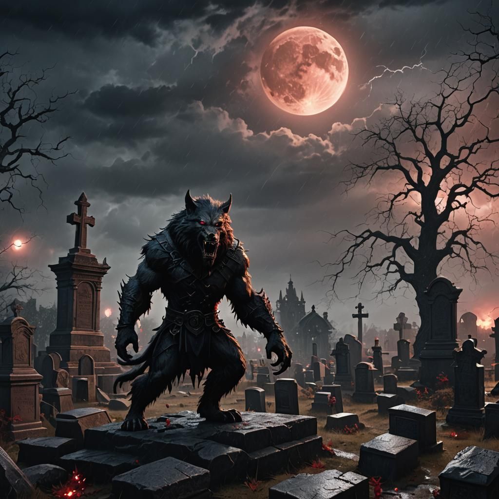 Werewolf Howling Under Blood Moon: Fantasy Art