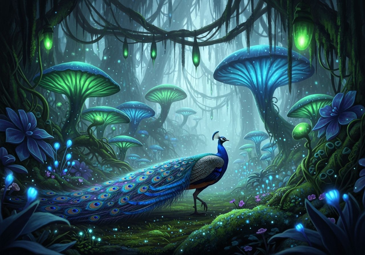Shimmering Peacock in Alien Bioluminescent Jungle