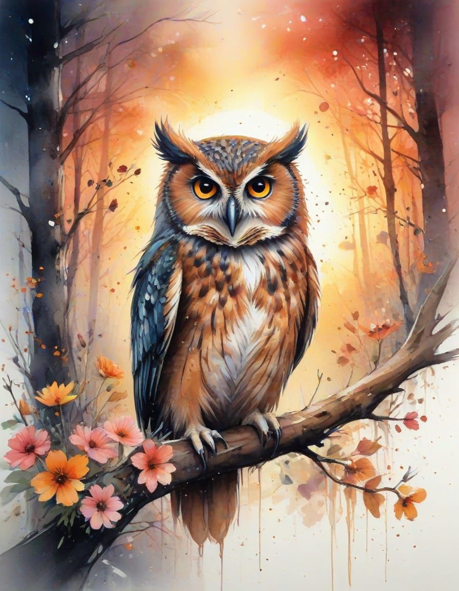 Playful Owl in Sunlit Forest with Wildflowers