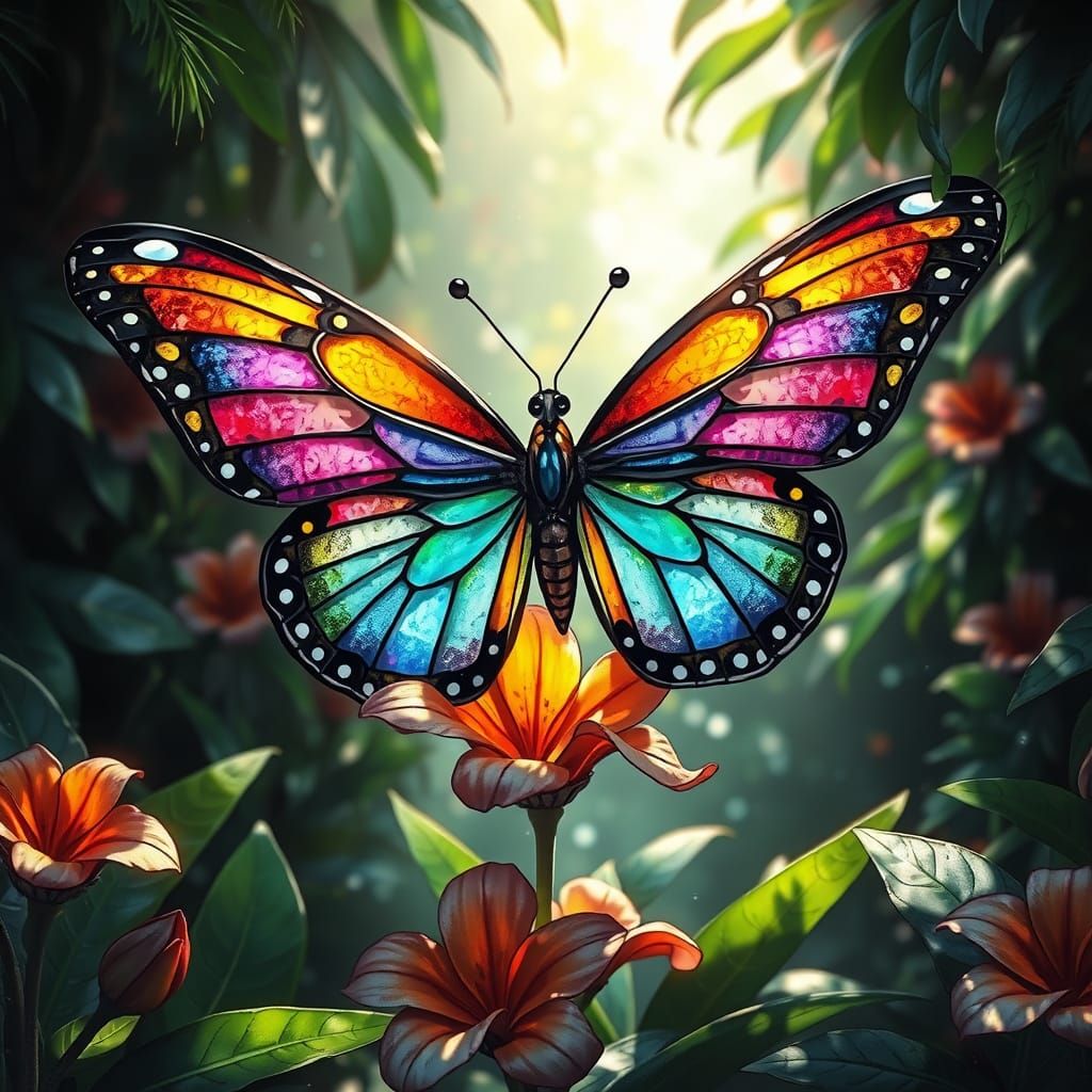 Stained Glass Butterfly on Exotic Flower, Art Nouveau Style