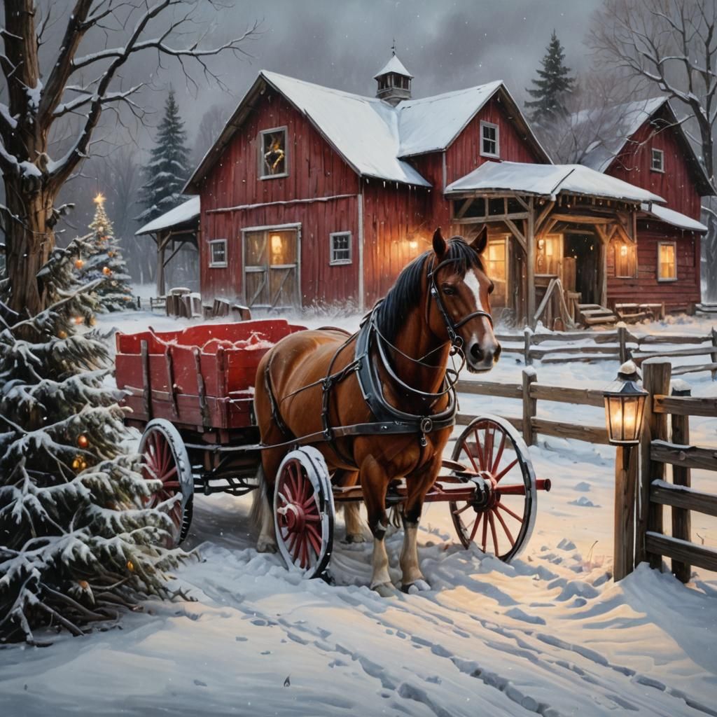 Winter Barn Scene with Horse in Realistic Oil Painting
