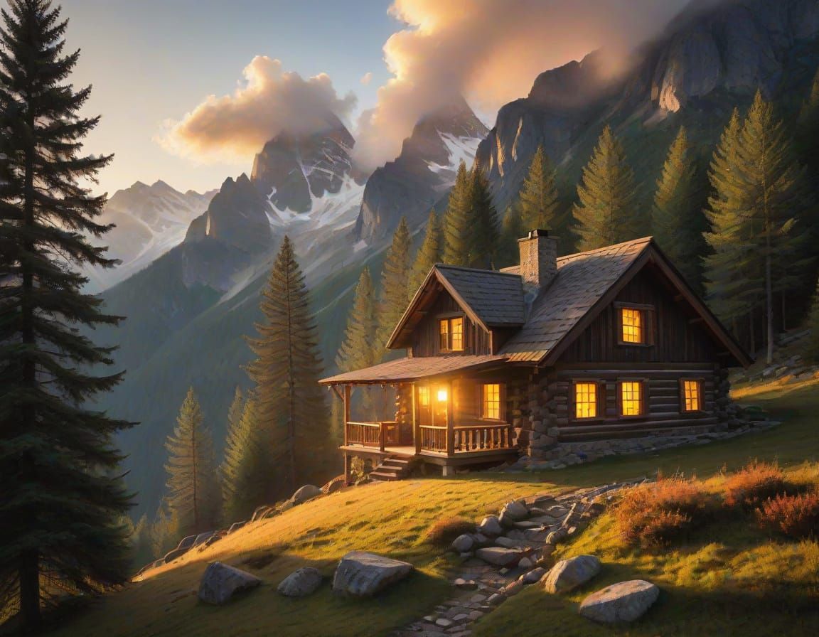 Cozy Mountain Cabin Scene in Warm Light