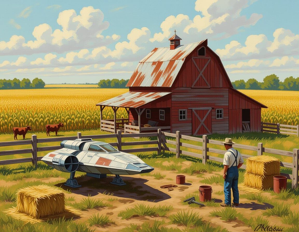 Rebel Farmer with Spaceship in Impressionist Farm Scene