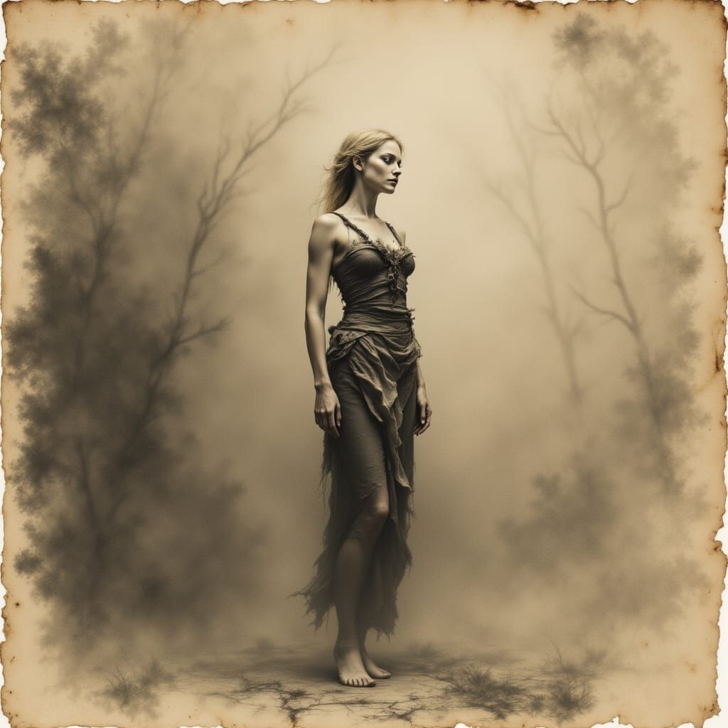 Fragile Figure Dissolving into Sepia Mist