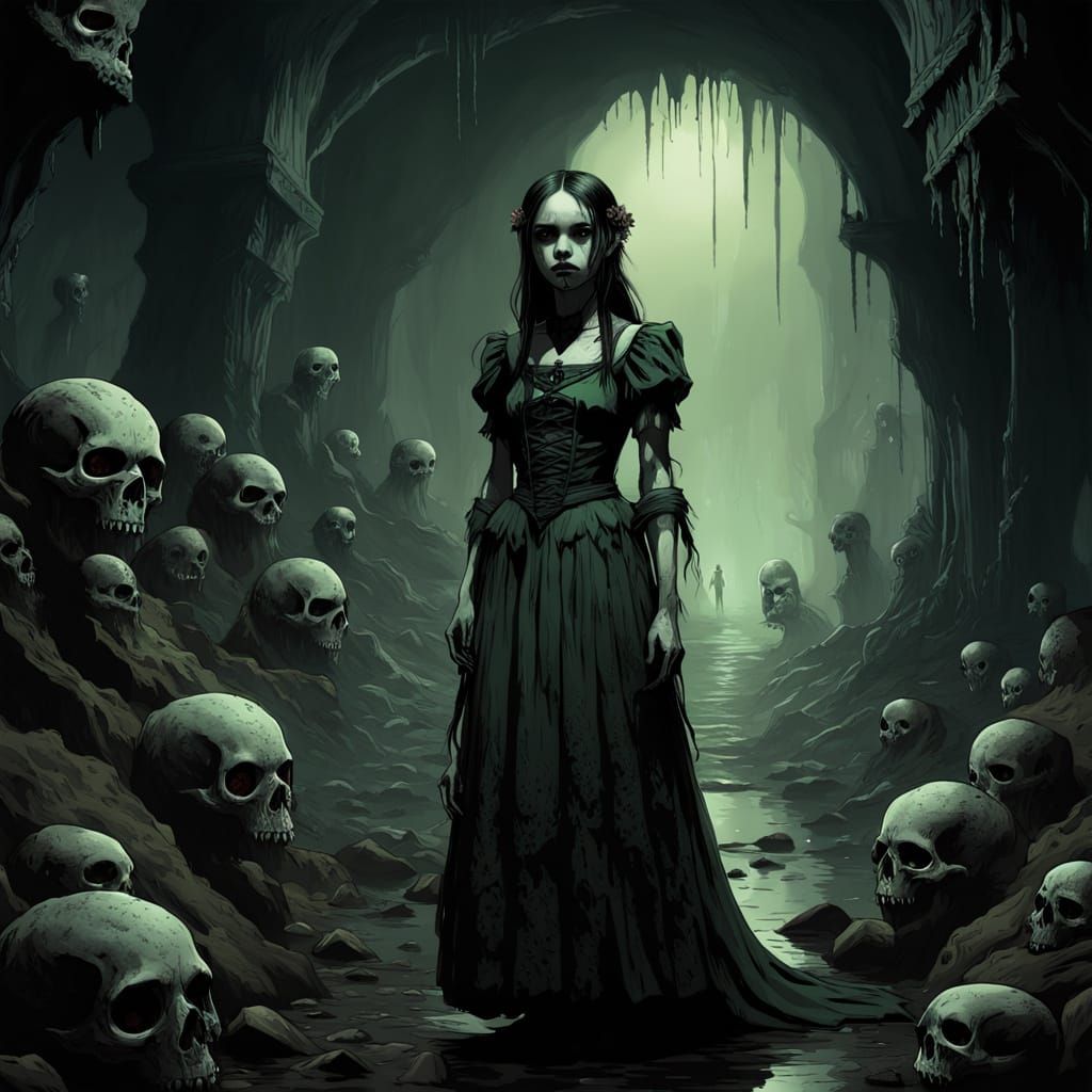 Dark Fantasy Girl in Underworld with Eerie Creatures