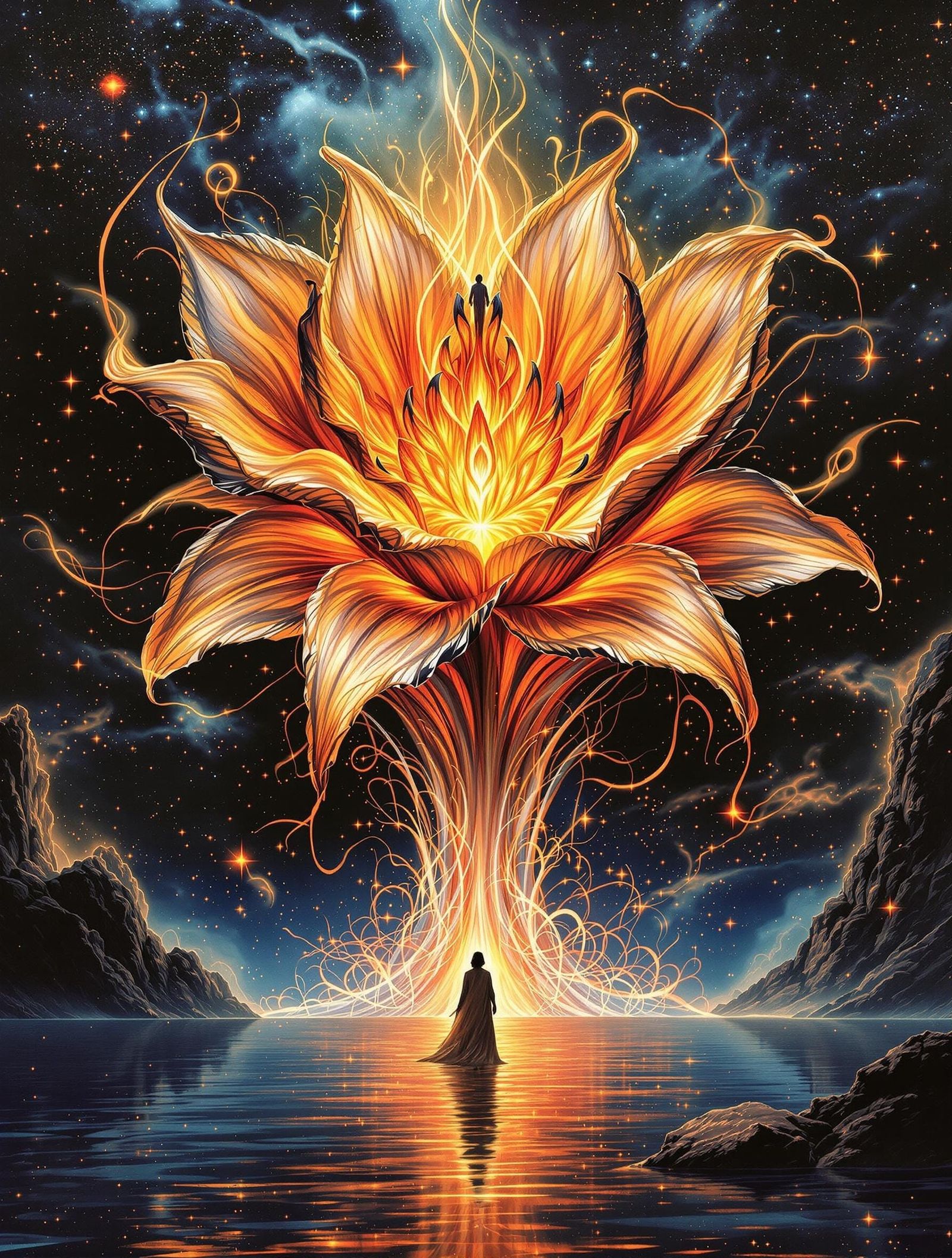 Surreal Cosmic Bloom in Luminous Resin and Ink