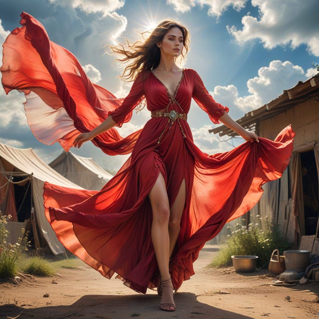 Gypsy Woman in Flowing Red Dress: 3D Rendering