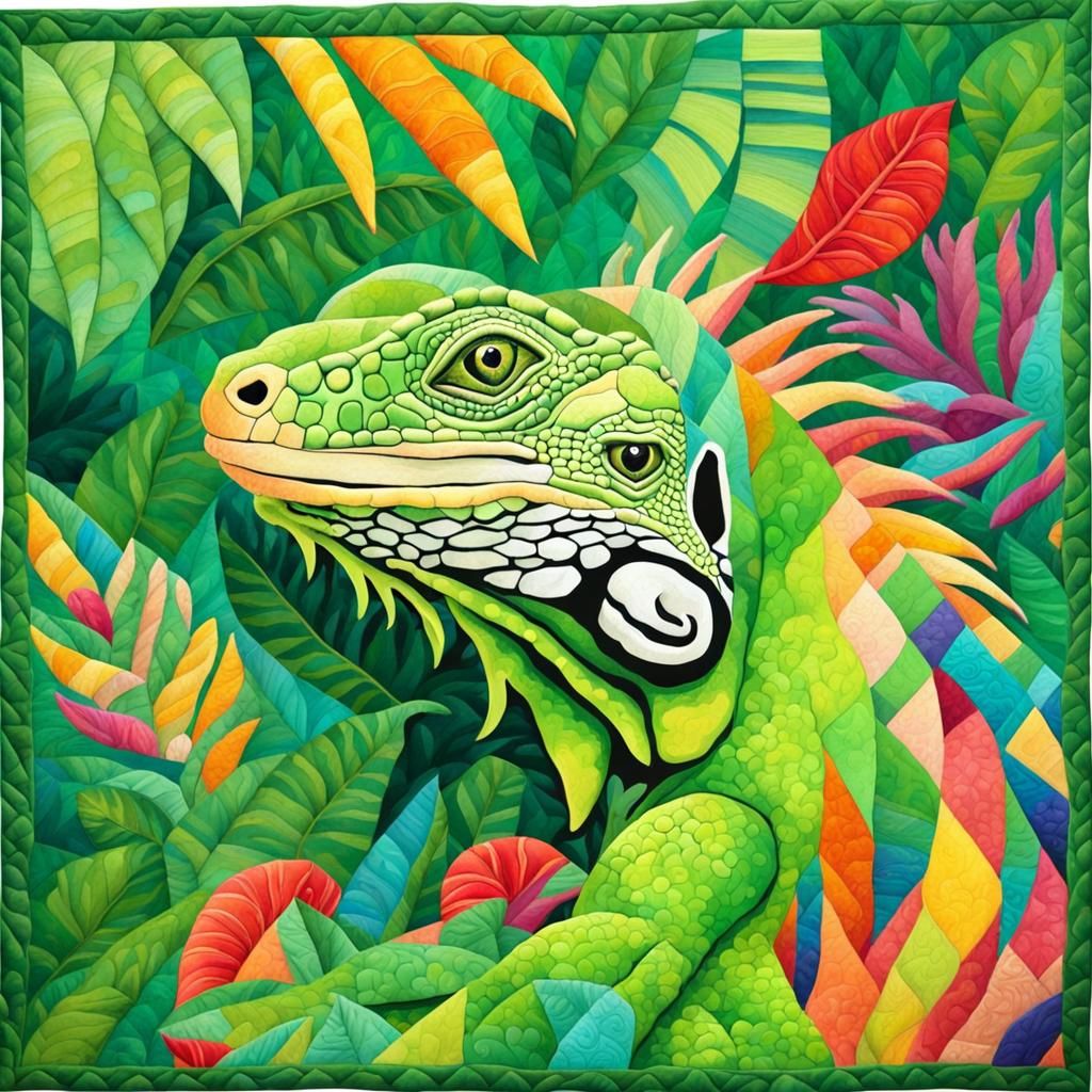 Iguana Portrait in Patchwork Quilt Style