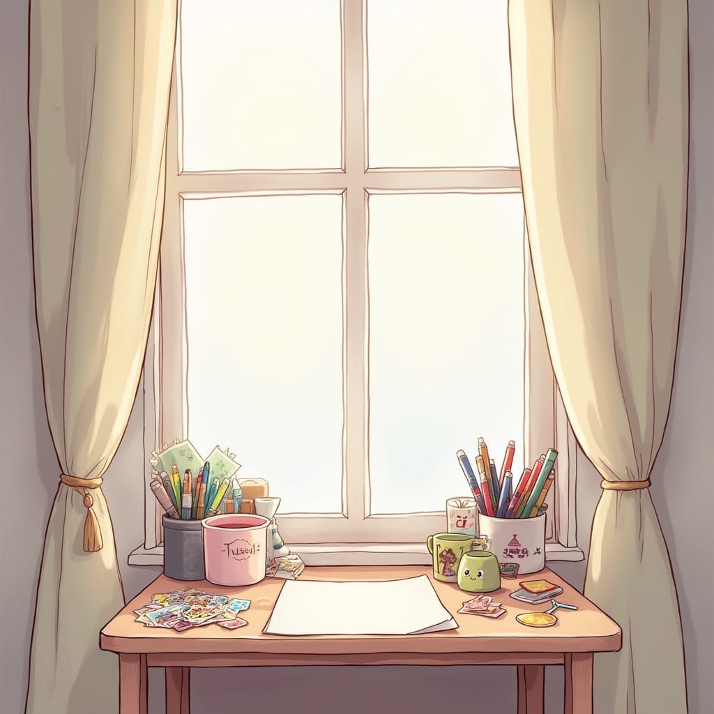 Chibi Style Table Scene with Stickers and Mug