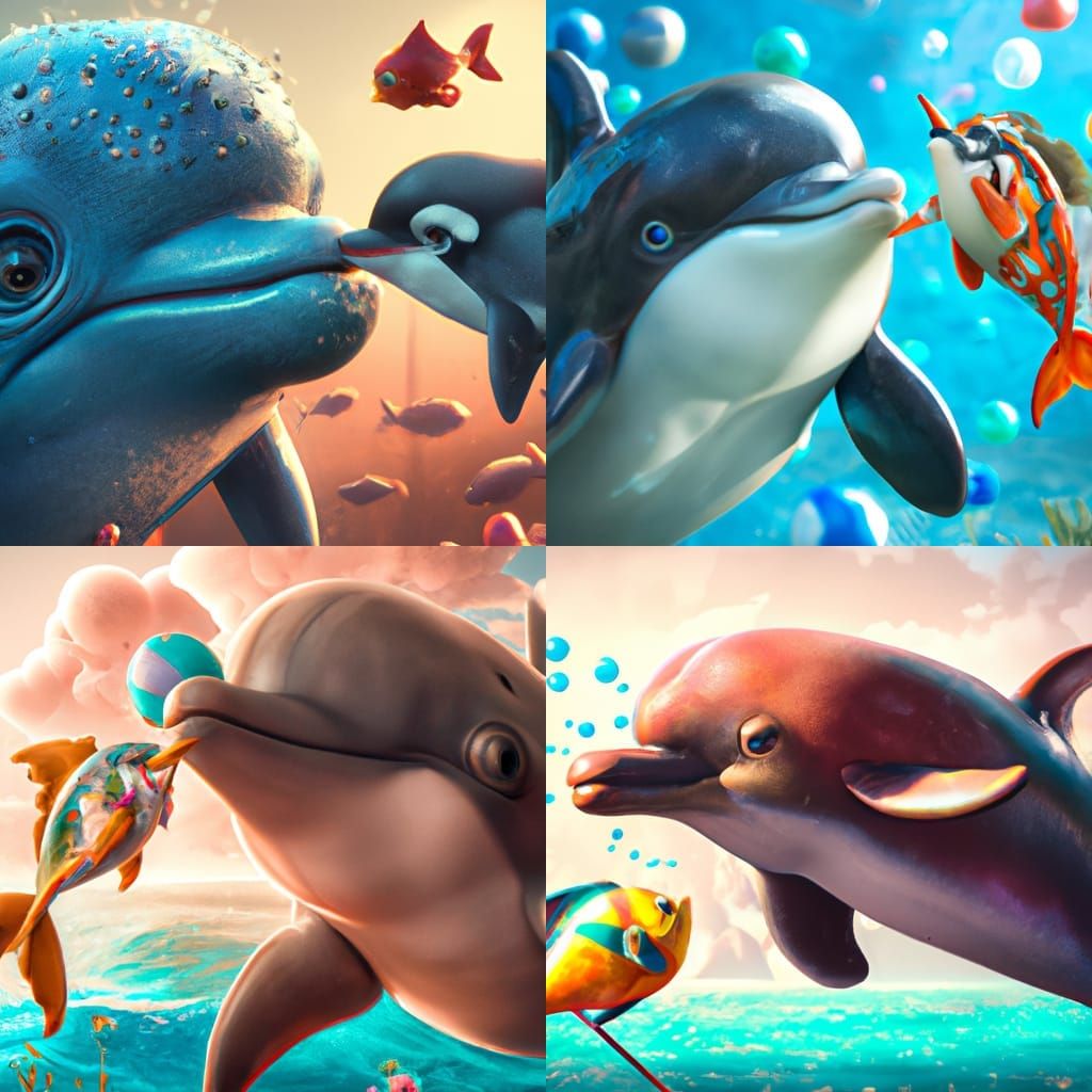Adorable Dolphin Pokes Blowfish: 3D Render