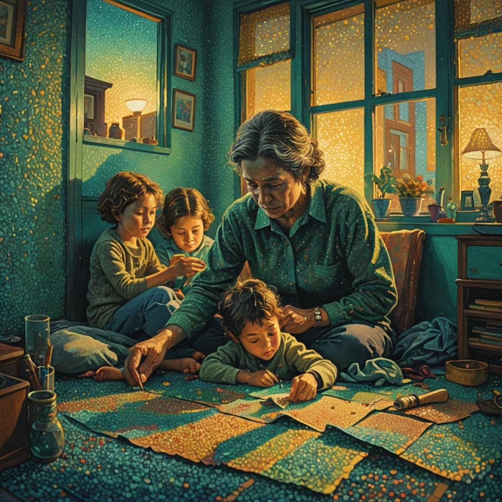 Downtrodden Family Portrait in Pointillism Style