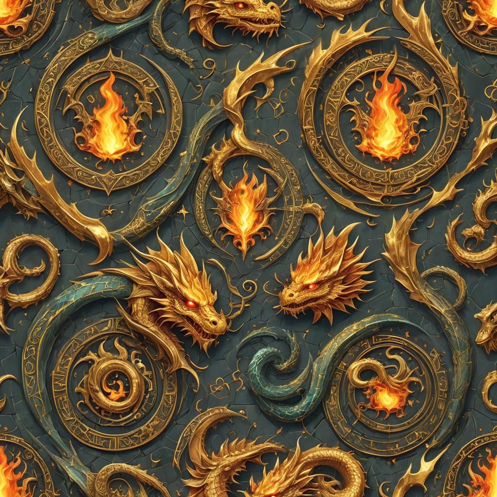 Mystical Dragons in Gold Gothic Fire Lettering