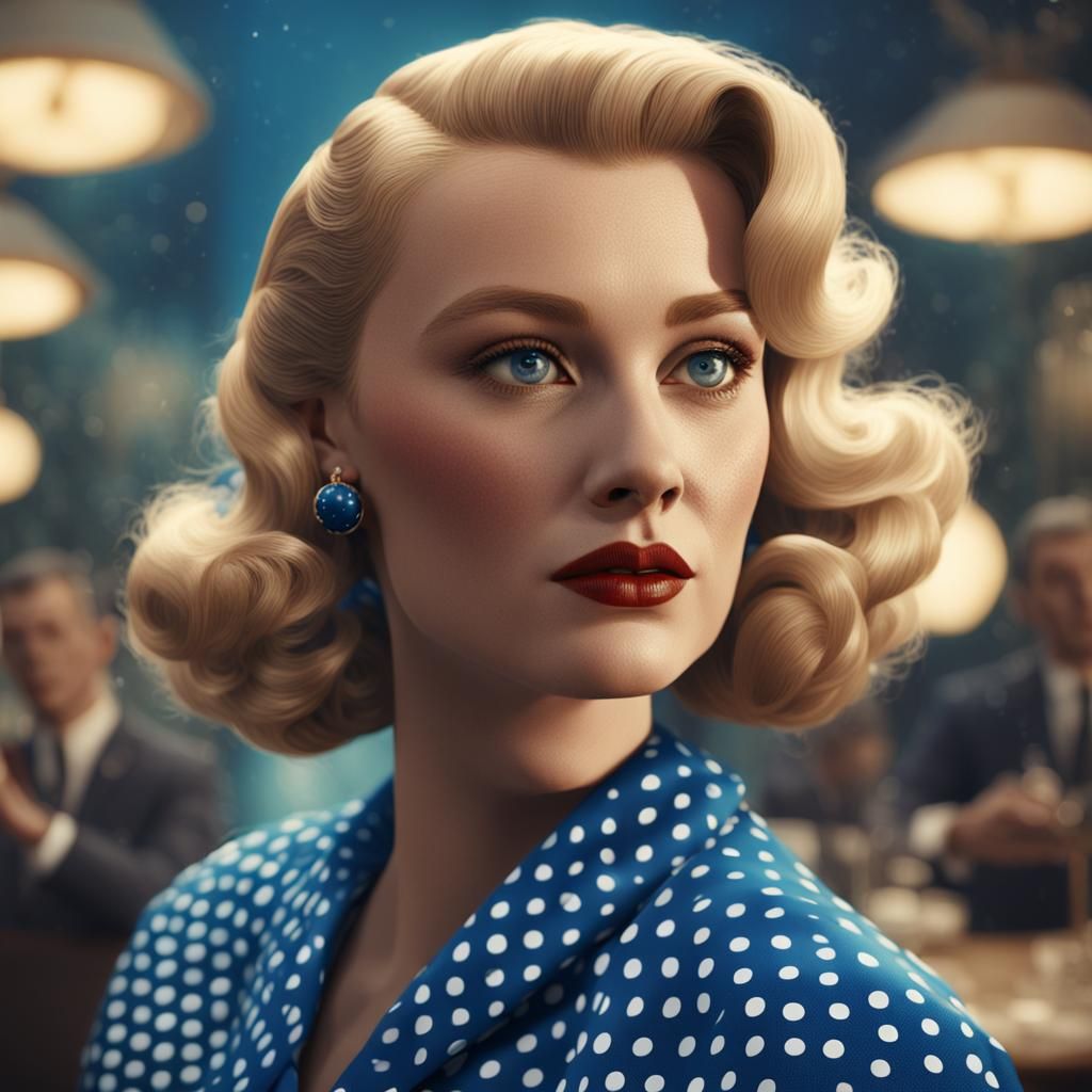 1950s Blonde Woman in Blue Polka Dot Dress
