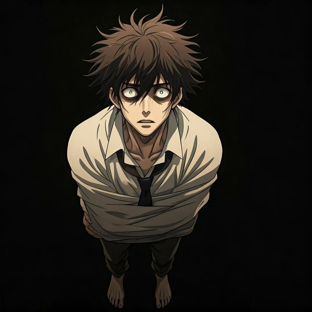 Anime Portrait of Man in Straitjacket, Cel-Shaded Style