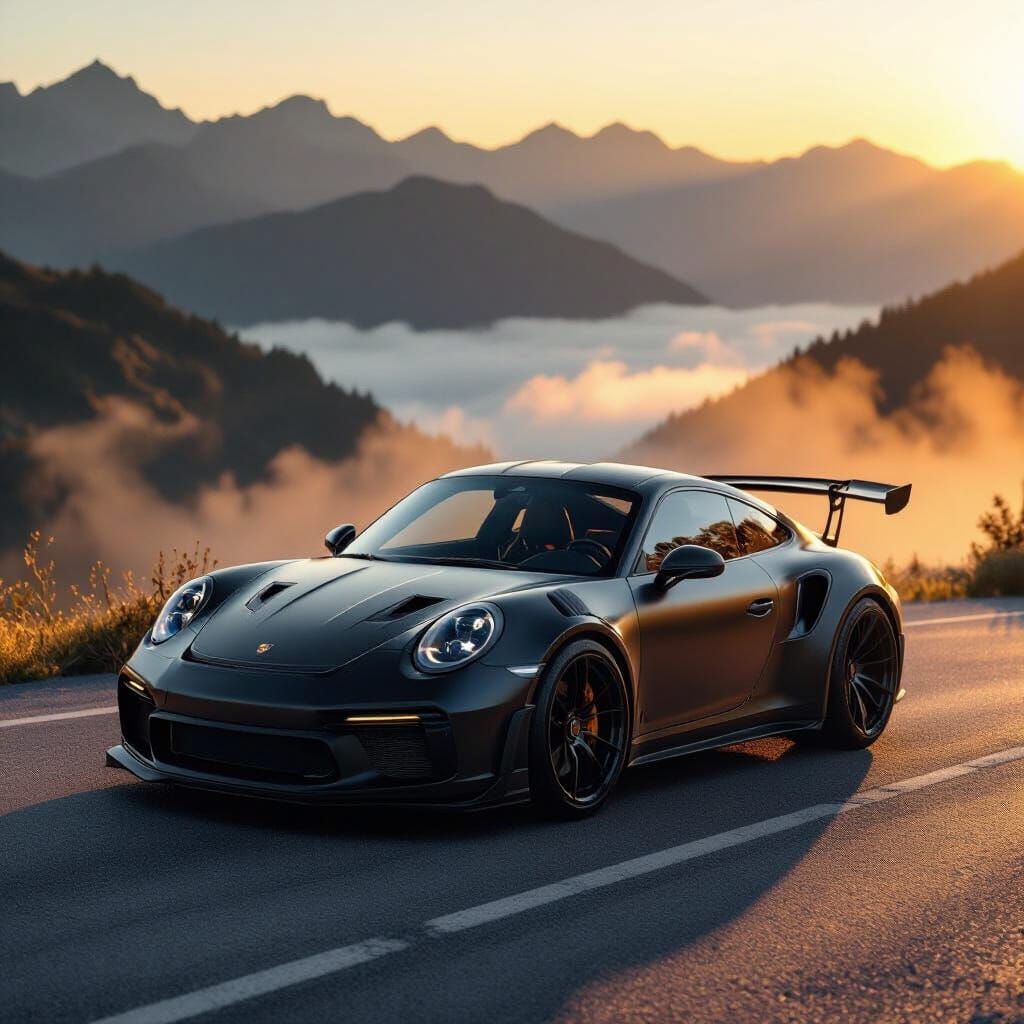Matte Black Porsche 911 GT on Mountain Road at Sunrise