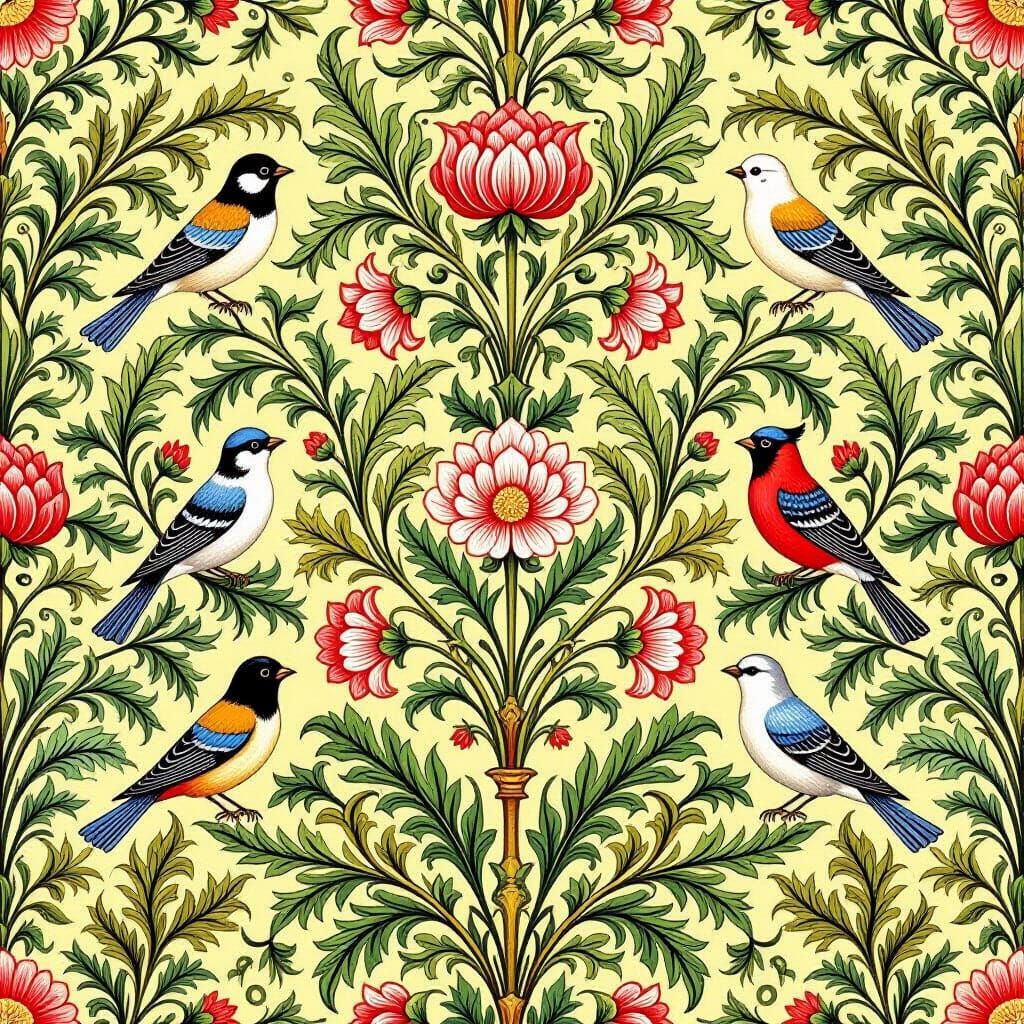 William Morris Style Wallpaper with Nature Motifs