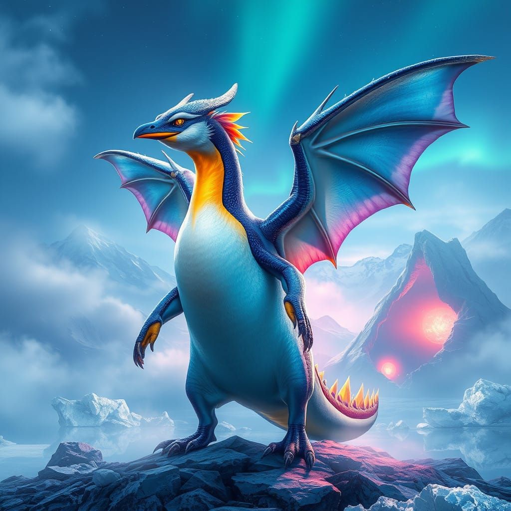 Majestic Penguin-Dragon Hybrid in Ethereal Mountainscape