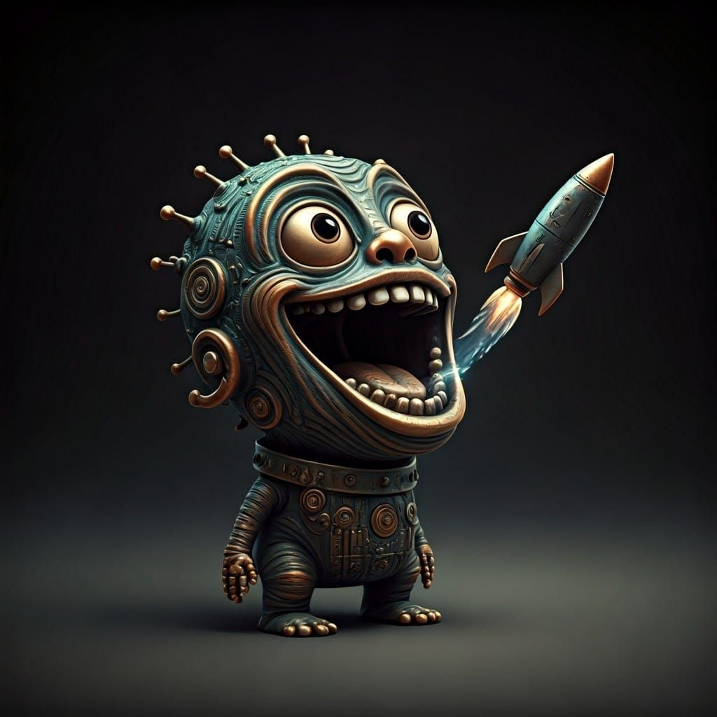 Comedic Bronze Monster Sculpture with Rocket