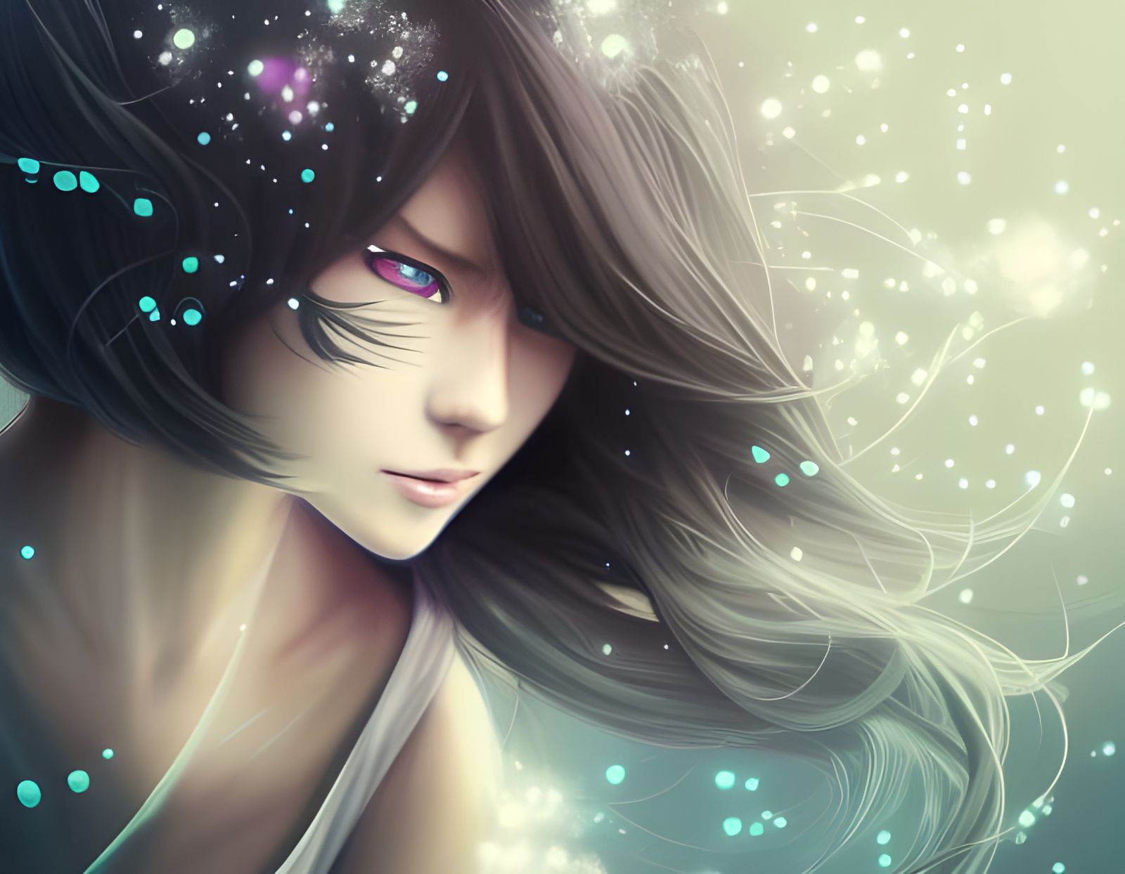 Anime Woman with Glowing Blue Eyes in Garden