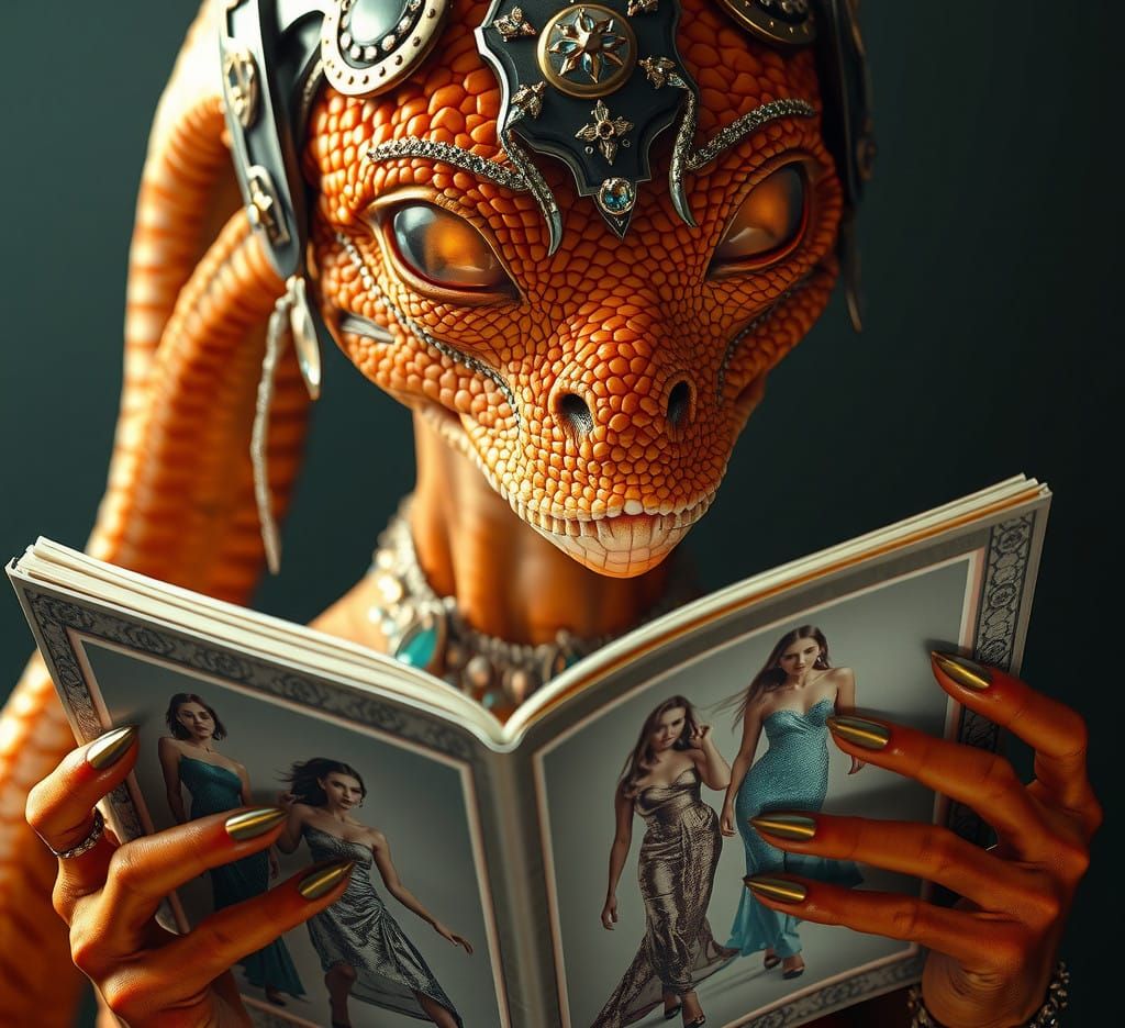 Reptilian Alien Woman Reads Fashion Magazine