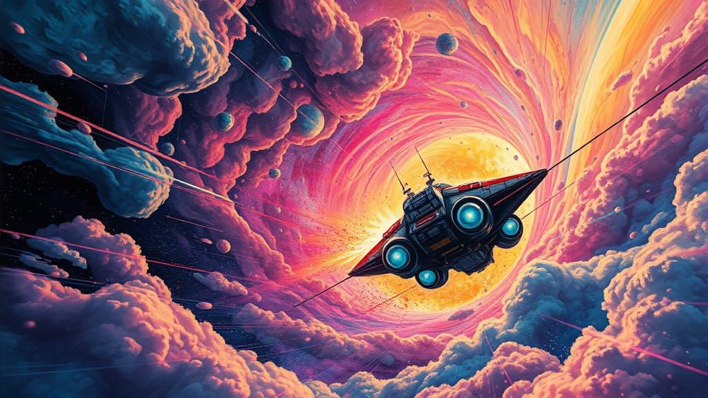 Cosmic Spaceship Blazes Through Neon Wormhole