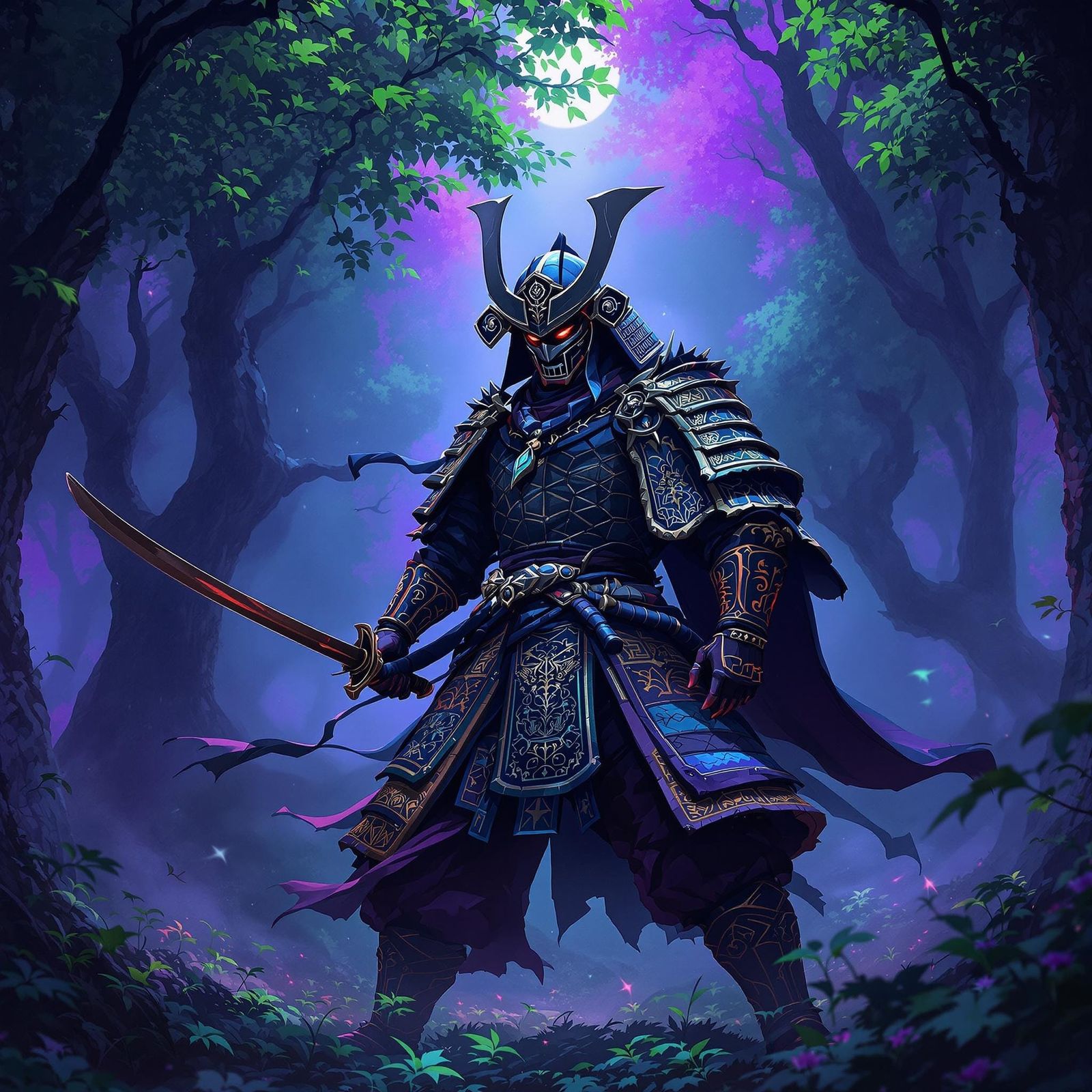 Anime Samurai Warrior in Dark Forest Concept Art