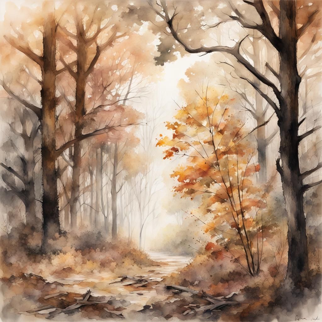 12k Resolution, Muted Autumn Color Palette,  Oak Forest with...