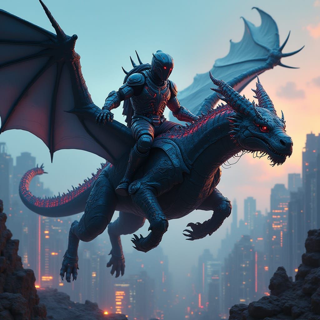 Rebel Hacker Soars on Wild Dragon Over Cyberpunk City