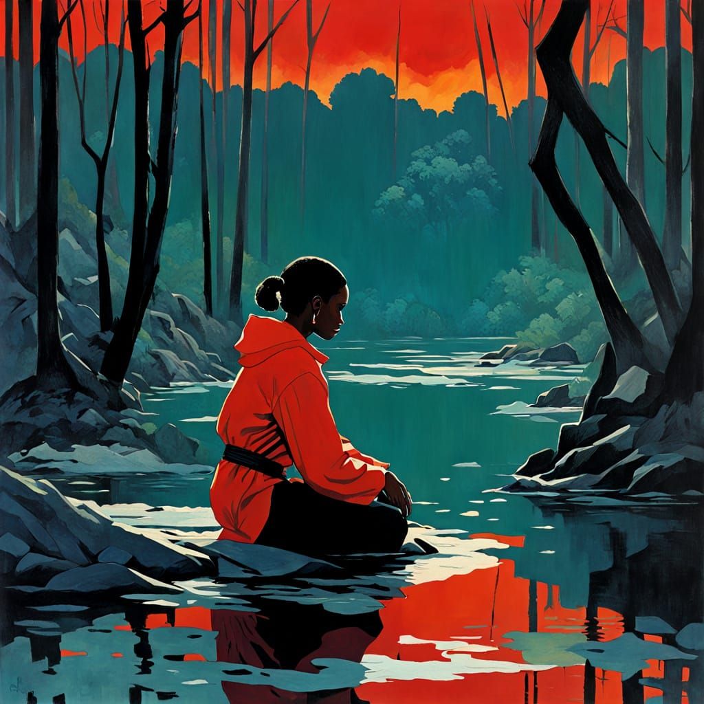 A Lone Figure Meditates in a Dark River
