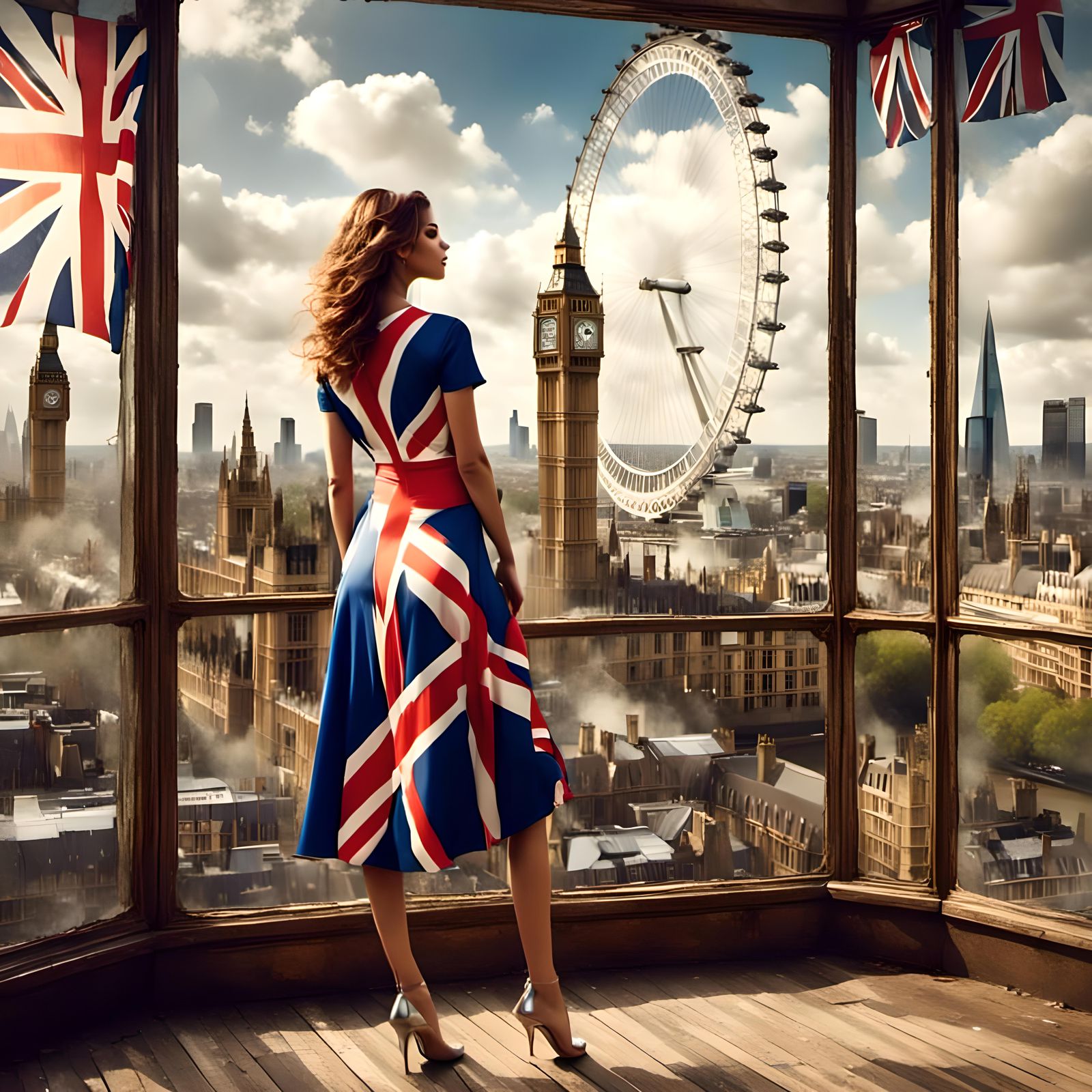 Woman in Union Jack Dress with Cityscape Backdrop