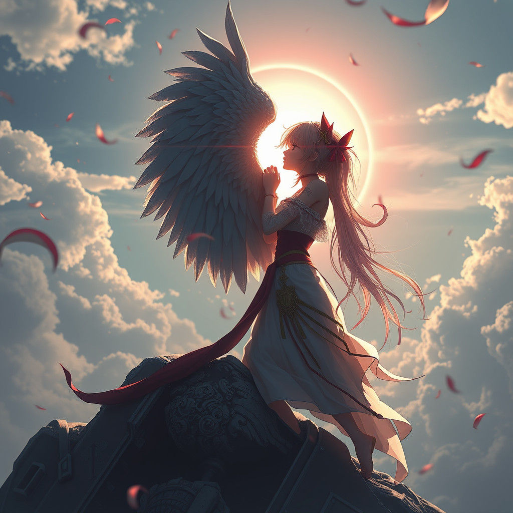 Fallen Angel Descends in Scarlet Sky: 3D Anime Art